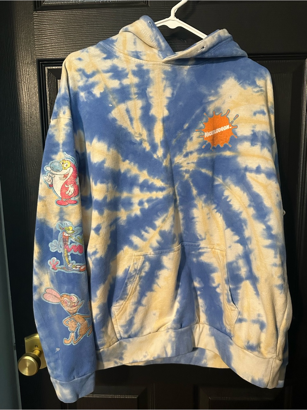 Nickelodeon Blue and Cream Tie-Dye Crewneck Sweatshirt with Character Sleeve Art